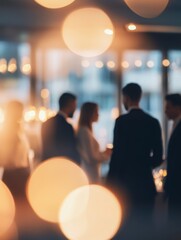 Silhouettes of business professionals mingling at an elegant evening event amid warm, soft lighting.