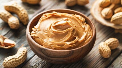 Creamy peanut butter in wooden bowl with peanuts and rustic background