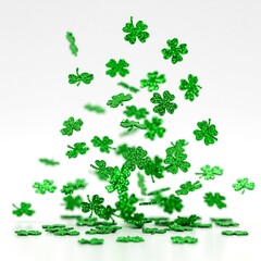 green glitter shamrock clovers falling on white background st patricks day ireland lucky charm decoration