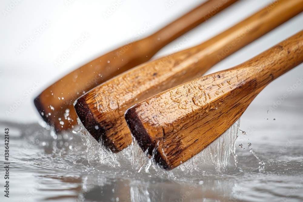 Poster water flows rapidly over a wooden surface, creating splashes and droplets in a well-lit environment 
