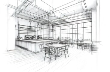 Modern cafe or restaurant interior design sketch, featuring a bar area with high stools, spacious open space, ample natural light, minimalist and stylish aesthetic