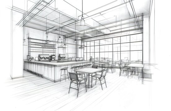 Modern cafe or restaurant interior design sketch, featuring a bar area with high stools, spacious open space, ample natural light, minimalist and stylish aesthetic