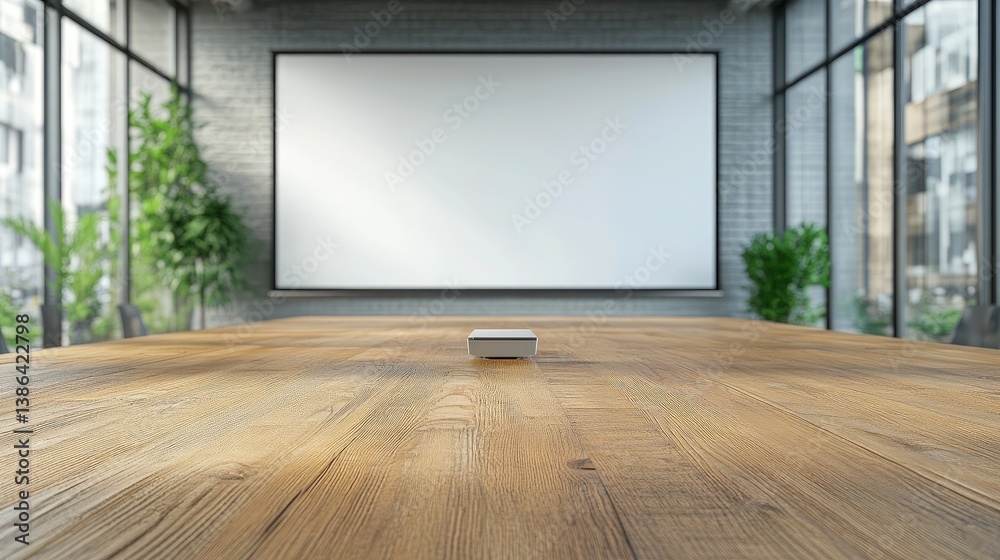 Poster Clean meeting table with digital presentation clicker and ready presentation slides