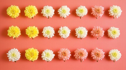 Fototapeta premium Chrysanthemums in yellow, pink, and white aligned on coral background in soft light