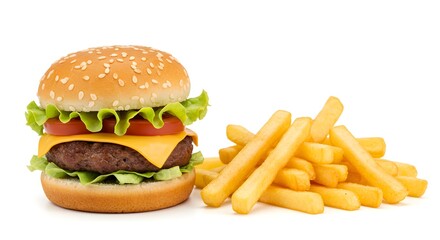 Burger with sesame seed bun, lettuce, tomato, and cheese alongside a pile of crispy golden french fries on a white background.