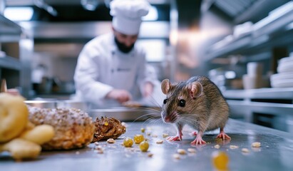A curious rat explores a busy restaurant kitchen with a chef working in the background.