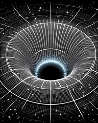 Abstract digital art depicting a wormhole or black hole with glowing center and grid-like structure against a starry background