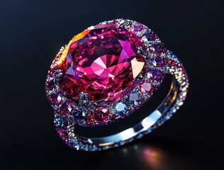 Exquisite pink gemstone ring with shimmering diamond accents on a dark background.