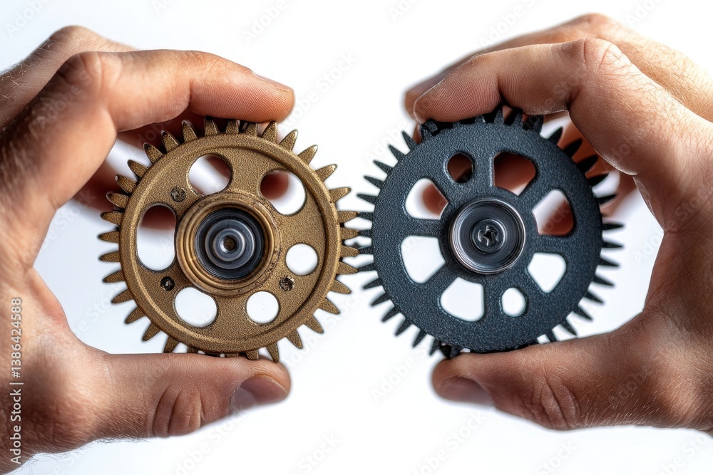 Leinwandbilder Hands holding two interlocking gears demonstrating mechanical connection and engineering principles in a minimalistic setting