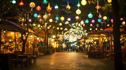 Night market illuminated with colorful hanging lanterns