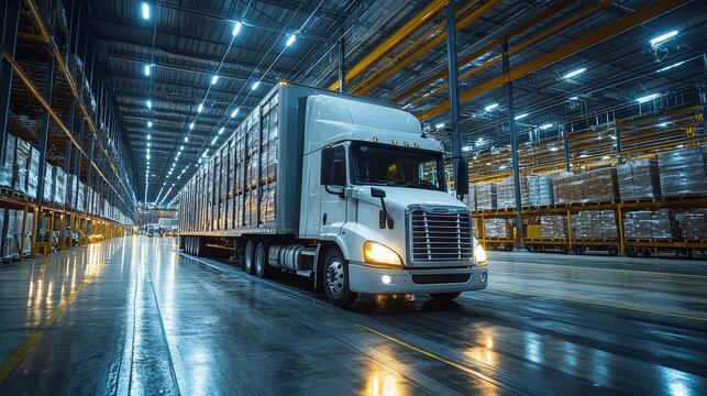 White freightliner truck in illuminated warehouse at night