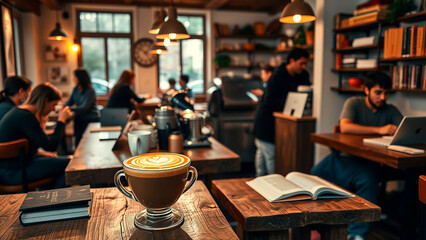 Inviting coffee shop scene with latte art, rustic wood tables, and people working, offering a cozy and productive atmosphere.