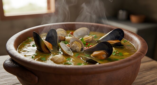 Sururu chowder - Steaming seafood stew in an earthenware bowl, filled with mussels, clams, and aromatic herbs. Perfect for a cozy, delicious meal.