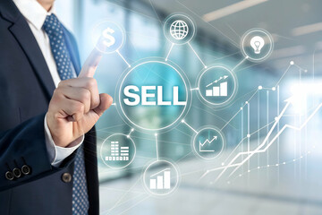 Businessman in a formal suit touching a transparent digital interface with the word 'SELL' highlighted. Futuristic business concept with virtual icons representing growth, business strategy, and finan
