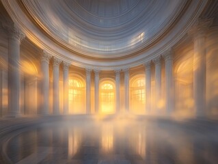 Obraz premium Elegant Interior with Marble Columns and Mist Bathed in Golden Light