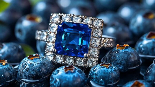 Blue sapphire ring on blueberries, close-up shot, elegant jewelry, food still life, high-quality image, stock photo
