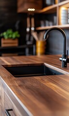Modern kitchen interior with wooden countertops and sleek black faucet.