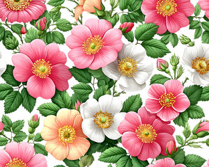Seamless pattern of pink, white, and peach roses with green leaves on white background