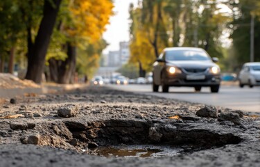 A pothole on city road, cars passing by in background. Use urban planning