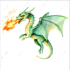 Fototapeta premium Watercolor dragon soaring breathing fire with green scales and outstretched wings against a white background.