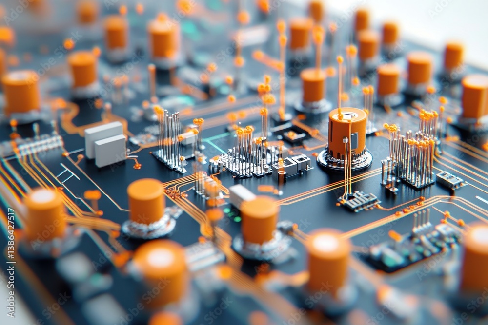 Fototapete detailed view of a complex electronic circuit board with various components illuminated in orange co