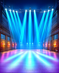 Bright stage lights illuminate an empty industrial venue