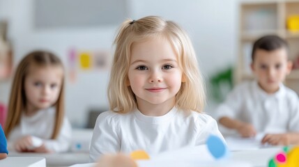 Fototapeta premium A young girl with blonde hair smiles directly at the camera. She wears a white shirt and sits at a table with other children blurred in the background. The image is well-lit and high-quality, showin