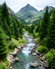 Serene mountain river flowing through lush green valley