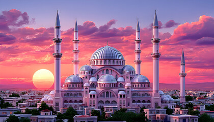 Obraz premium Majestic mosque at sunset, overlooking cityscape