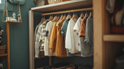 Organized children's clothes on wooden closet rack.