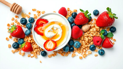 A vibrant breakfast bowl featuring creamy yogurt, fresh berries, granola, and a drizzle of honey.  A delicious and healthy morning meal.