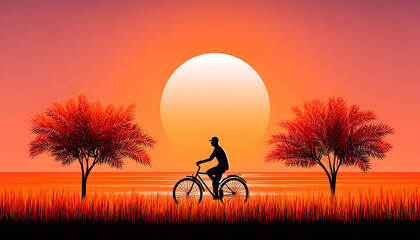 Silhouette of cyclist at sunset by the water, flanked by trees