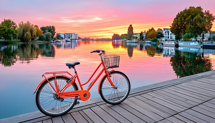 Orange bicycle on a wooden dock at sunrise overlooking a calm river with houseboats