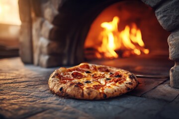 Pizza baking in stone oven, flames licking the back, for culinary stock use