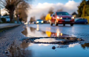 Car on road, driving over flooded, damaged pavement with houses in background