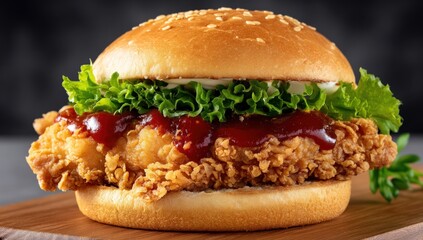 Chicken burger with ketchup and lettuce on wood. Culinary and gastronomy use