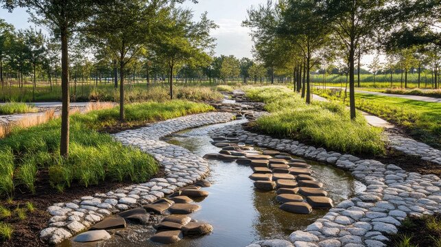 Flood control system with large stormwater channels and concrete reinforcements