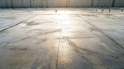 Freshly laid concrete slab with power trowel marks and anchor bolts in place
