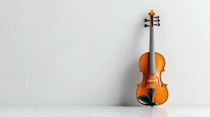 A polished violin, amber-toned, stands against a minimalist white wall. The image is clean and simple, with a high resolution and even lighting. Its style is classic and elegant. The warm color pale
