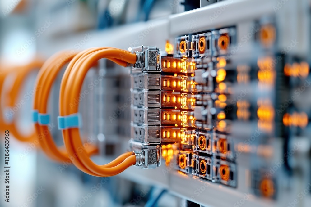 Fototapete detailed view of a complex electronic circuit board with various components illuminated in orange co