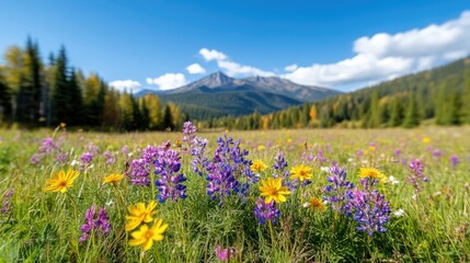 Obraz premium Vibrant purple lupines and yellow wildflowers bloom in a mountain meadow under a clear blue sky.