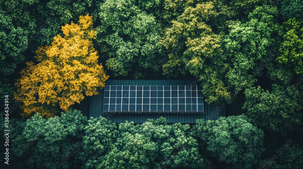 Poster sunlight filters through lush trees over solar panels in a peaceful natural setting, highlighting th