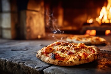 Pizza baking in stone oven, restaurant kitchen, fire background, food photography