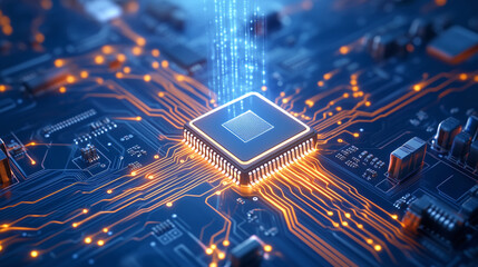 A close-up view of a digital circuit board illuminated by a glowing microchip at nighttime, highlighting the intricate connections and advanced design elements of modern technology