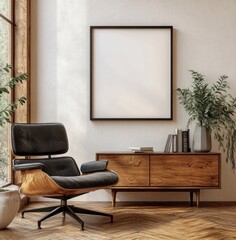 Scandinavian Minimalist Living Room with Black Chair Wooden Sideboard Blank Frame Natural Light Cozy Decor