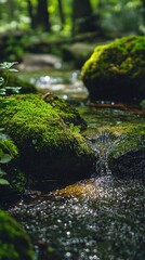 a small stream of water running through a forest covered in green moss 