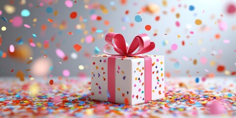 Colorful gift box surrounded by confetti enhances celebration atmosphere during birthday festivities