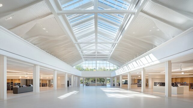 Open ceiling atrium in a modern building with visible beams and a skylight grid