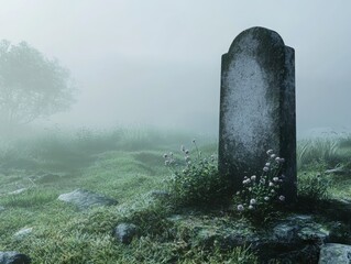 Misty graveyard scene with solitary tombstone surrounded by wildflowers and soft morning light.