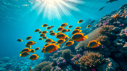 Fototapeta premium Underwater view of a school of vibrant fish swimming near a colorful coral reef illuminated by sun rays piercing through the ocean surface.